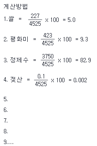계산방법 1. 쌀=(227÷4525)×100=5.0 / 2.팽화미=(423÷4525)×100=9.3 / 3.정제수=(3750÷4525)×100=82.9 / 4.젖산=(0.1÷4525)×100=0.002 / 5. / 6. / 7. / 8. / 9...