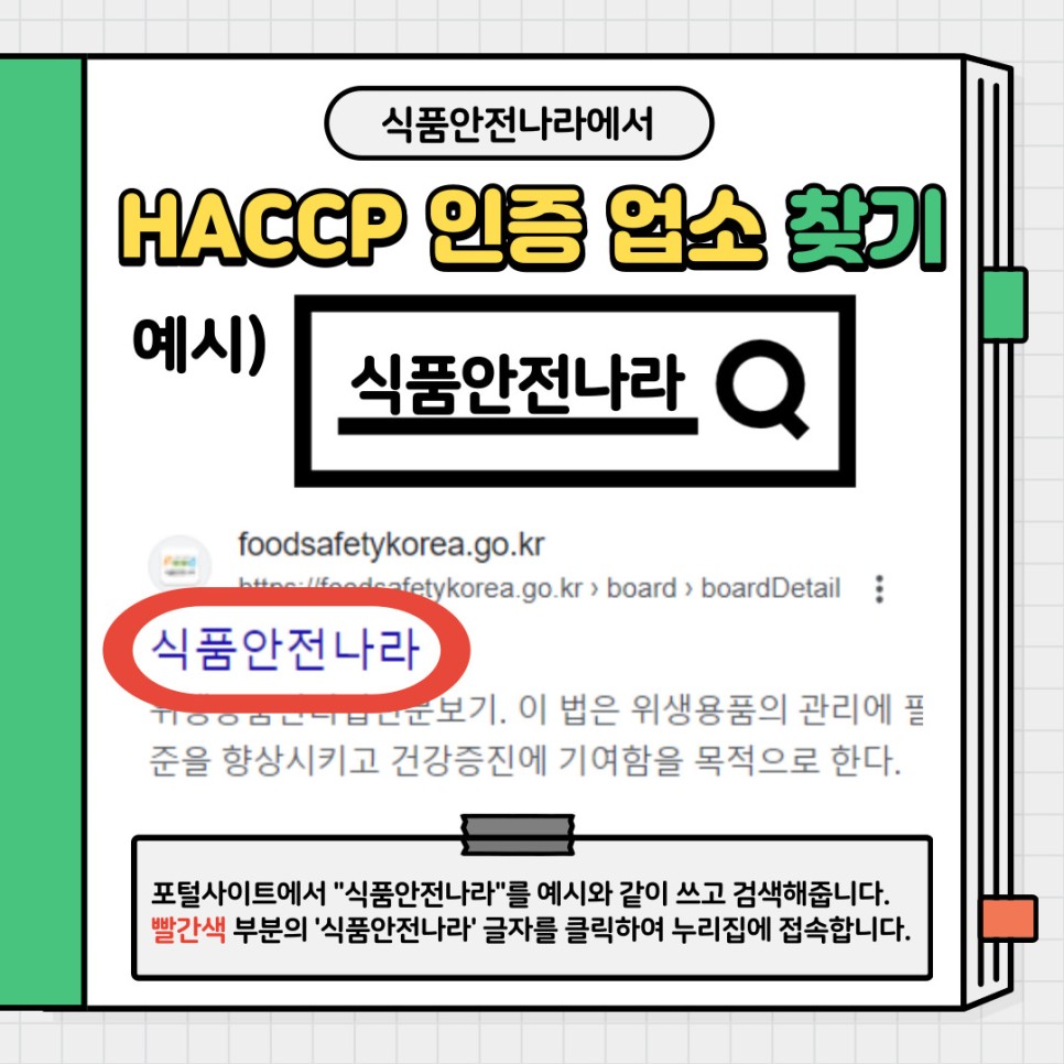 식품안전나라에서 HACPP 인증 업소 찾기. 포털사이트에서 “식품안전나라”를 예시와 같이 쓰고 검색해줍니다. 빨간색 부분의 ‘식품안전나라’ 글자를 클릭하여 누리집에 접속해줍니다.