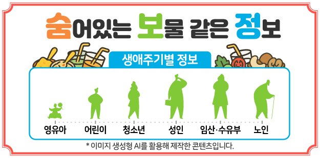 숨어있는 보물 같은 정보&nbsp;
생애주기별 정보
영유아, 어린이, 청소년, 성인, 임산수유부, 노인
* 이미지 생성형 AI를 활용해 제작한 콘텐츠입니다.
