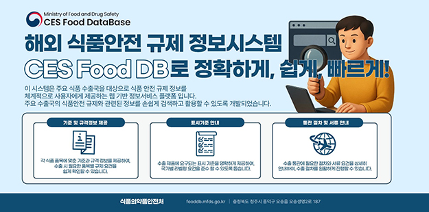 Ministry of Food and Drug Safety CES Food DataBase
해외 식품안전 규제 정보시스템
CES Food DB로 정확하게, 쉽게, 빠르게!
이 시스템은 주요 식품 수출국을 대상으로 식품 안전 규제 정보를 체계적으로 사용하는 사용자에게 제공하는 웹 기반 정보서비스 플랫폼입니다.
주요 수출국의 식품안전 규제와 관련된 정보를 손쉽게 검색하고 활용할 수 있도록 개발되었습니다.
기준 및 규격정보 제공: 각 식품 유형에 맞춘 기준과 규격정보를 제공하여 수출 시 필요한 품목별 안전 규제 요건을 쉽게 확인할 수 있습니다.
표시기준 안내: 수출 제품에 요구되는 표시 기준을 명확하게 제공하여 국가별 라벨링 요건을 준수 할 수 있도록 돕습니다.
통관 절차 및 서류 안내: 수출 통관에 필요한 절차와 서류 요건을 상세히 안내하여, 수출 절차를 원활하게 진행할 수 있습니다.
식품의약품안전처&nbsp; &nbsp; &nbsp; fooddb.mfds.go.kr&nbsp; / 충청북도 청주시 흥덕구 오송읍 오송생명2로 187